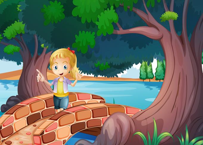 A girl at the bridge near the giant trees vector