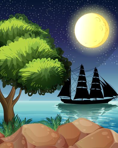 Un barco negro en el mar bajo la luna brillante. vector