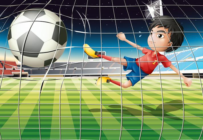 Un niño pateando la pelota en el campo de fútbol. vector