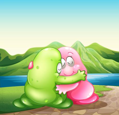 A green and a pink monster hugging each other at the riverbank vector