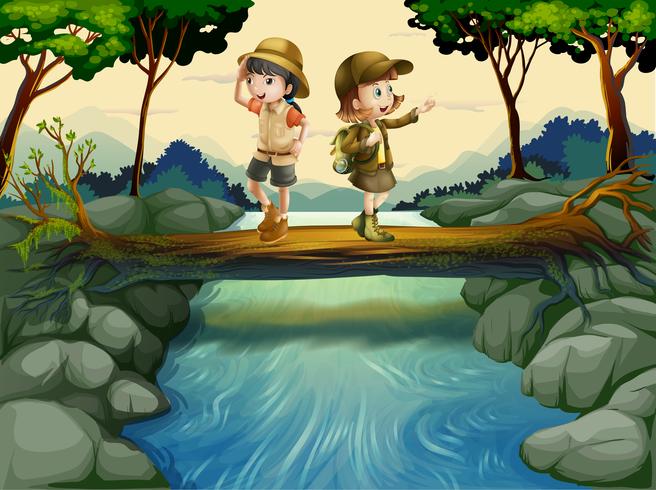 Two kids crossing the river vector