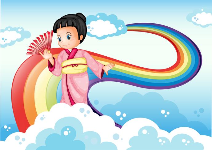 Una dama con un kimono de pie cerca del arco iris vector