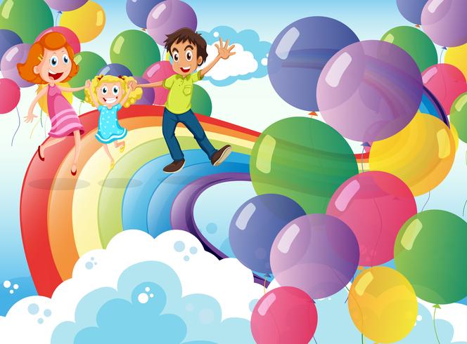 Una familia feliz jugando con el arco iris y los globos flotantes. vector