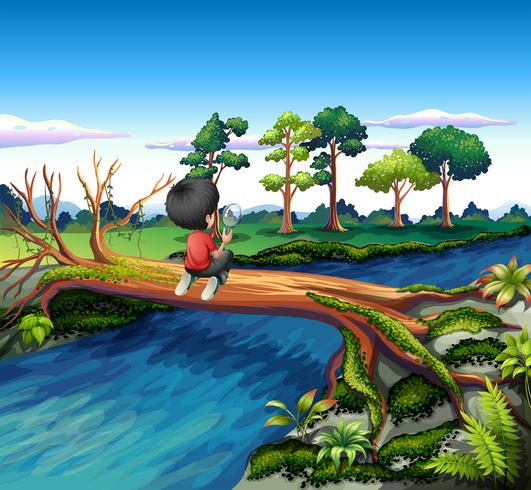 A boy above the trunk of a tree holding a magnifying glass vector