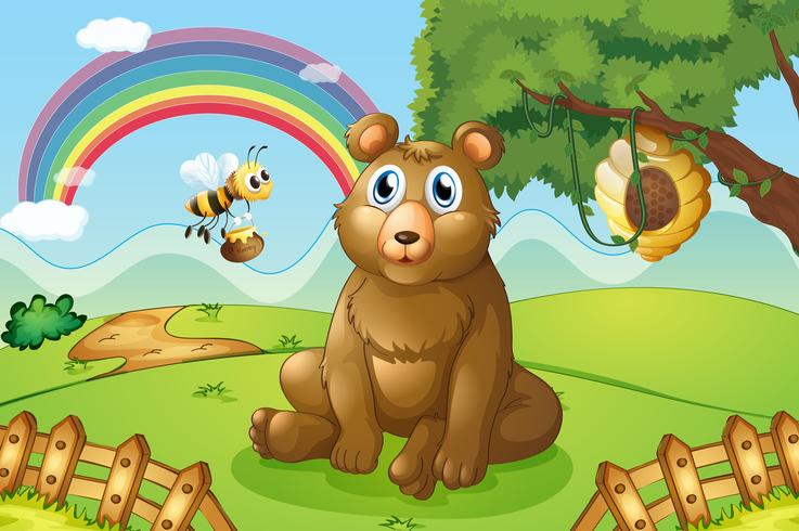 A bear and a bee near a beehive vector