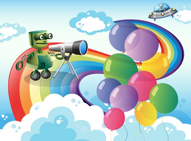 Robots in the sky with a rainbow and balloons vector