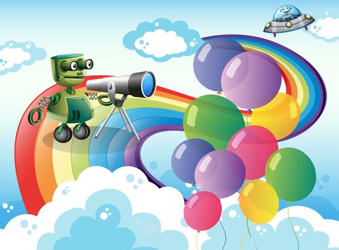 Robots en el cielo con un arcoiris y globos. vector