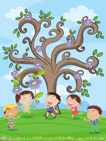 niños debajo de un árbol vector