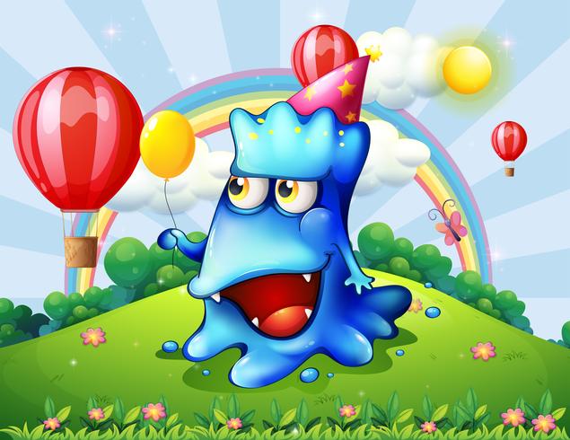 A hilltop with a happy blue monster holding a yellow balloon