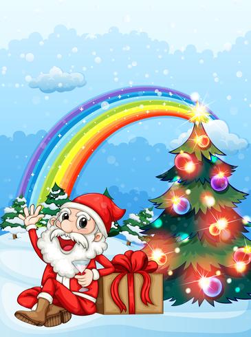 Santa sitting beside the gift near the rainbow vector