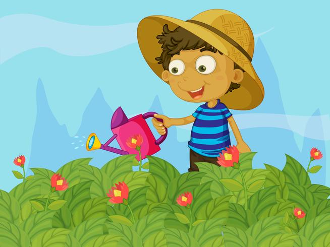 A boy watering the plants in a garden vector