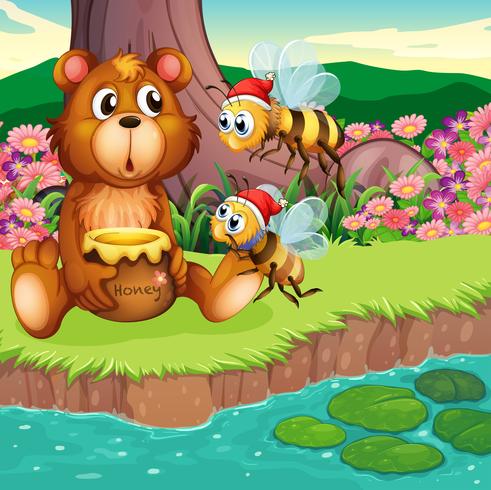 A big bear and bees at the riverbank  vector