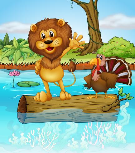 A lion and a turkey above a floating wood vector