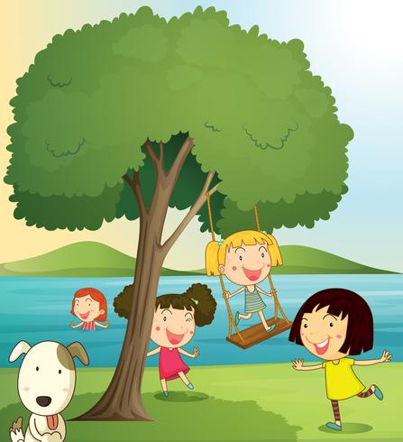 girls playing under tree vector