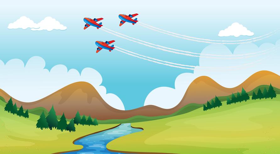 Flying airplains and a beautiful landscape vector