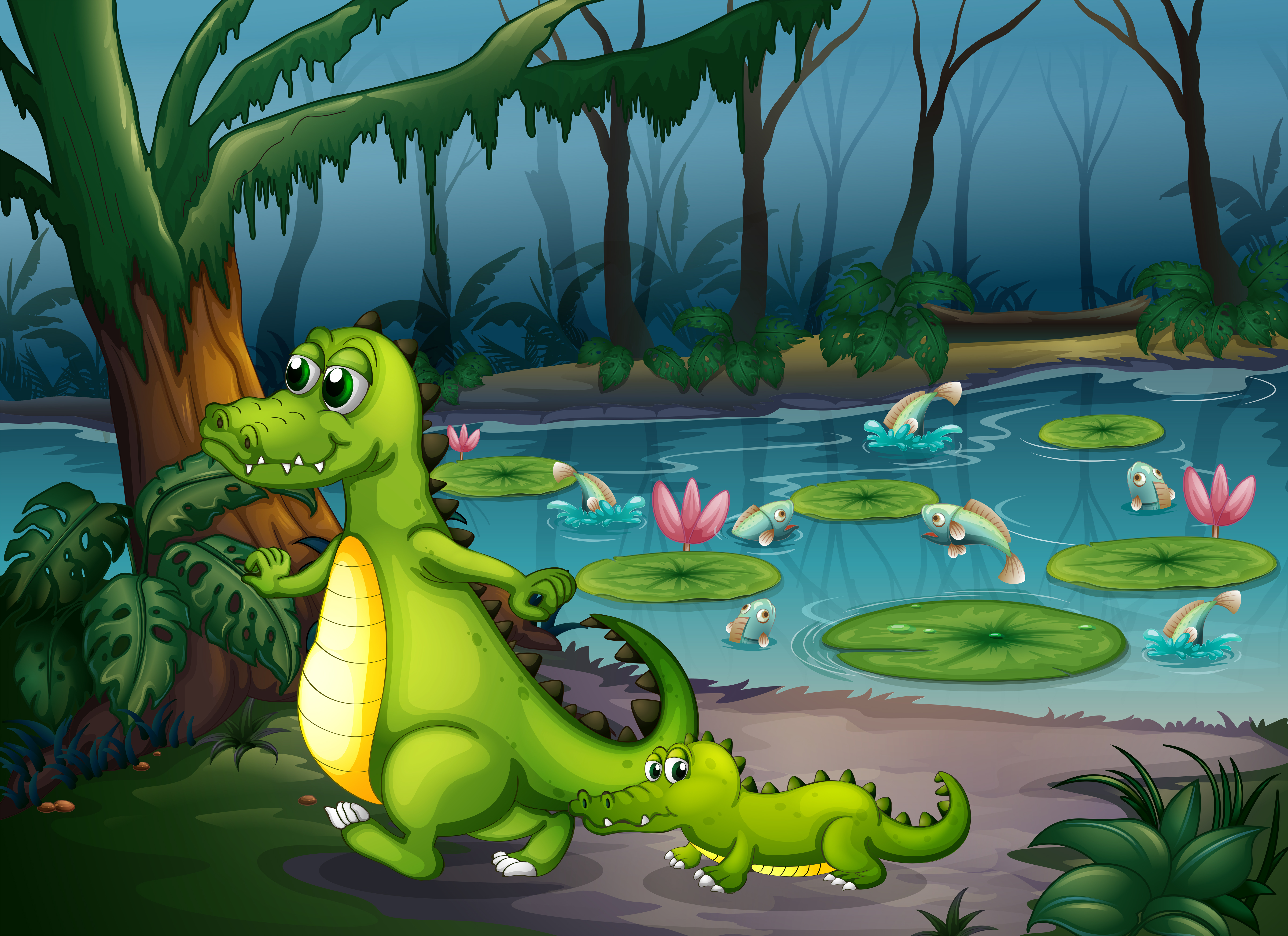 A forest with a pond, crocodiles and fishes 522631 Vector Art at Vecteezy