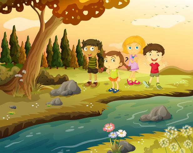 Kids at the riverbank vector