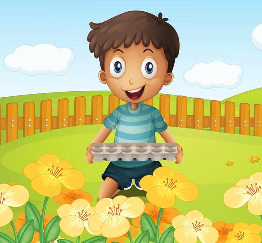 Un niño en el jardín con una bandeja de huevos vacía. vector