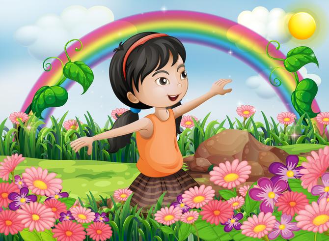 Una niña feliz en el jardín con flores frescas vector