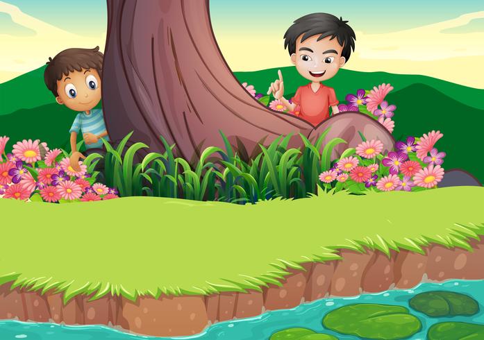 Two boys hiding at the tree vector