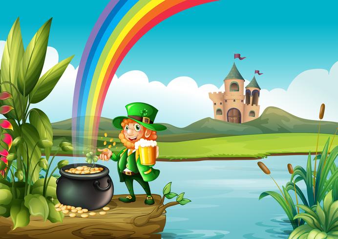 A man and a pot of gold above the trunk across the castle vector