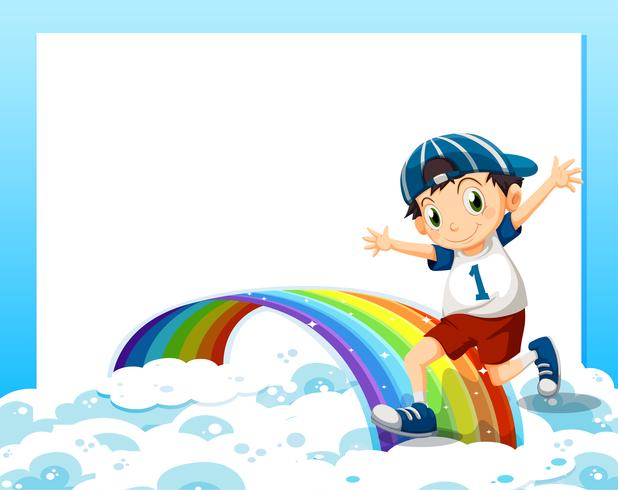 Una plantilla vacía con un niño jugando por encima de las nubes y el arco iris vector
