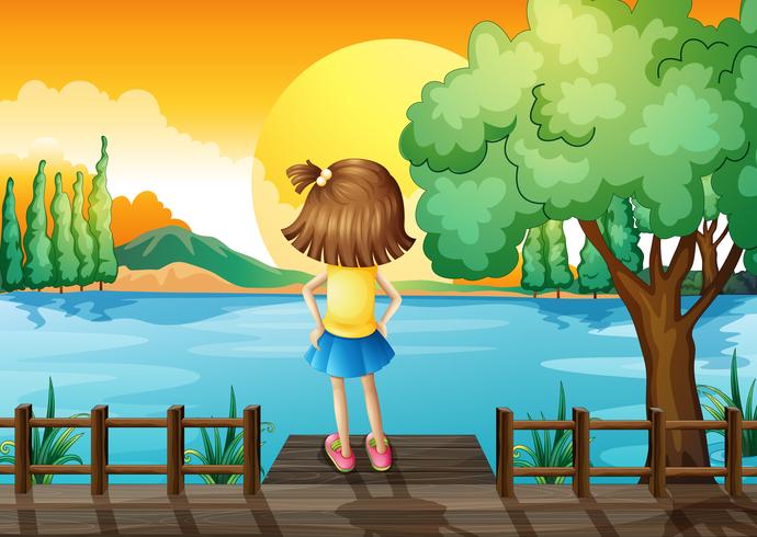 A girl standing facing at the river  vector