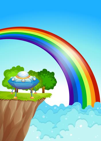 A saucer at the cliff and a rainbow in the sky vector