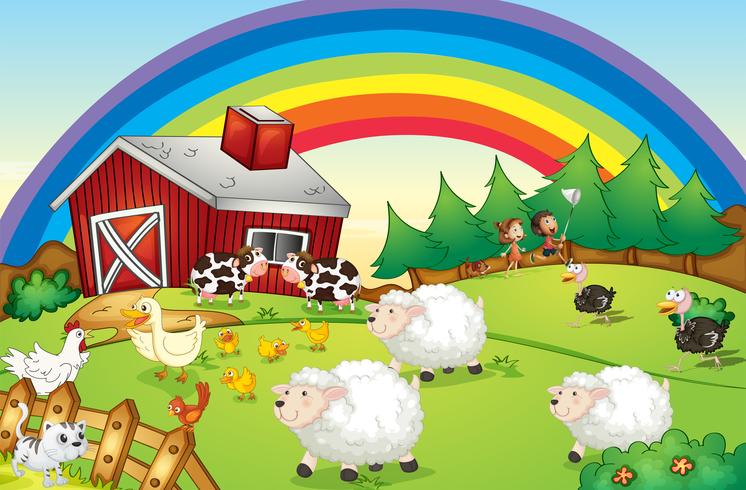 Una granja con muchos animales y un arco iris en el cielo. vector