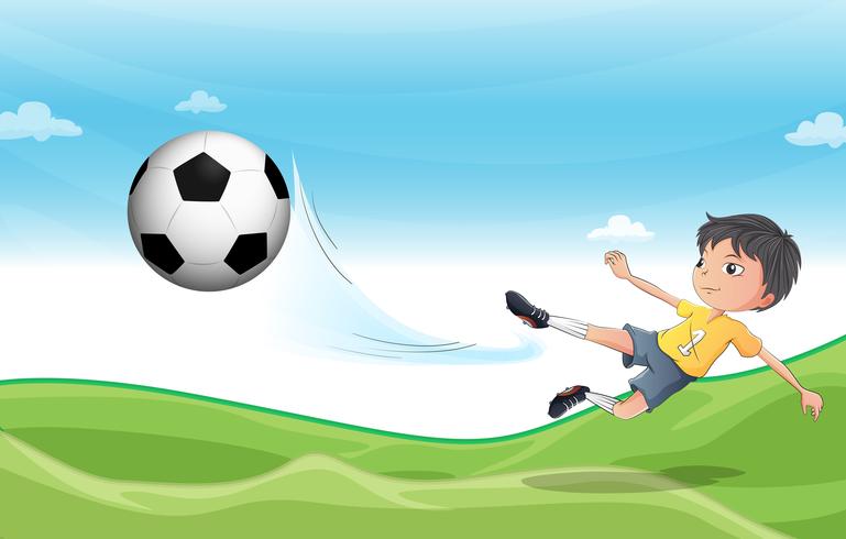 A boy playing football at the hills vector