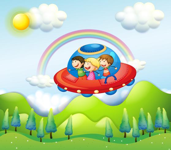 Three kids riding in the spaceship vector