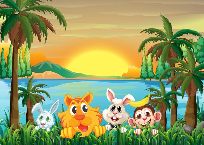 Animals at the riverbank with coconut trees vector