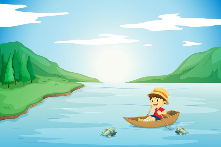 a boy rowing in a boat vector