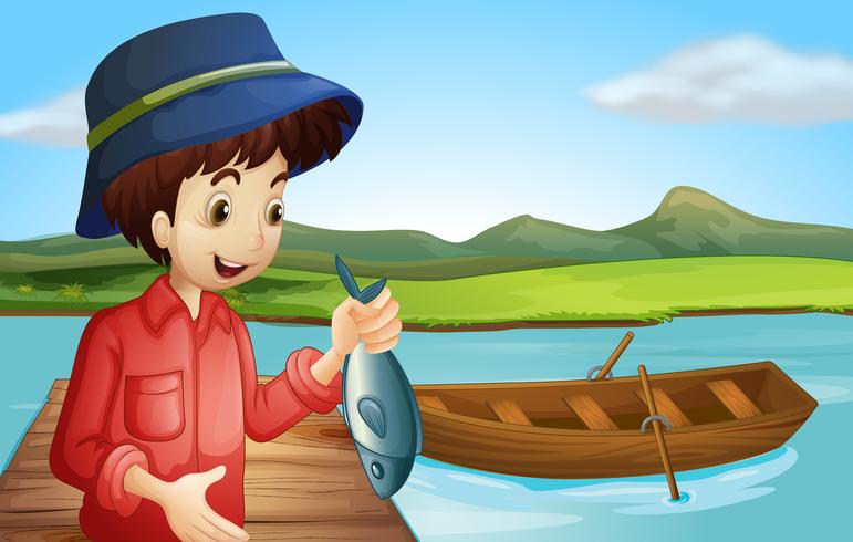 Un pescador con un pez vector