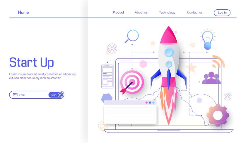 Lanzamiento de cohete para apuntar al éxito e ingresos concepto de moderno diseño plano empresarial, proceso de inicio de proyecto empresarial, idea a través de la planificación y el vector de estrategia