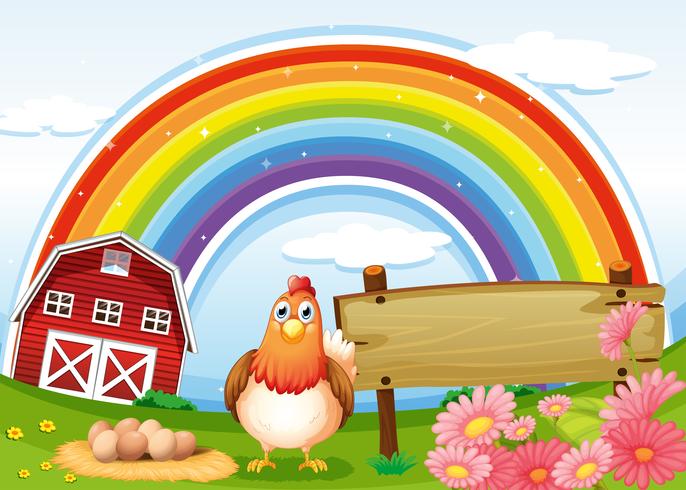 A hen at the farm with a rainbow and an empty signboard vector