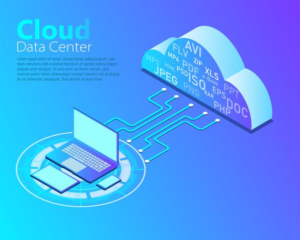 Vector of cloud data center, cloud computing technology, isometric design, network configuration.
