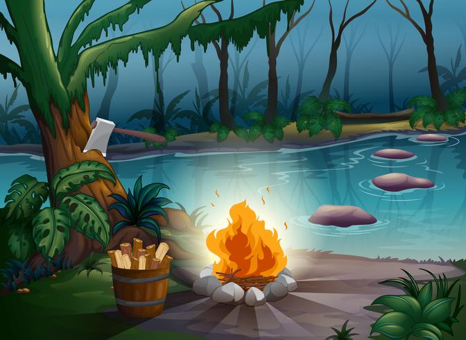 A river and a camp fire in a jungle vector