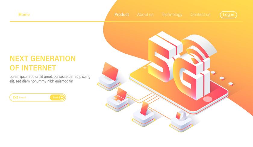 Isometric 5G mobile network wireless systems and internet vector illustration. Communication network concept