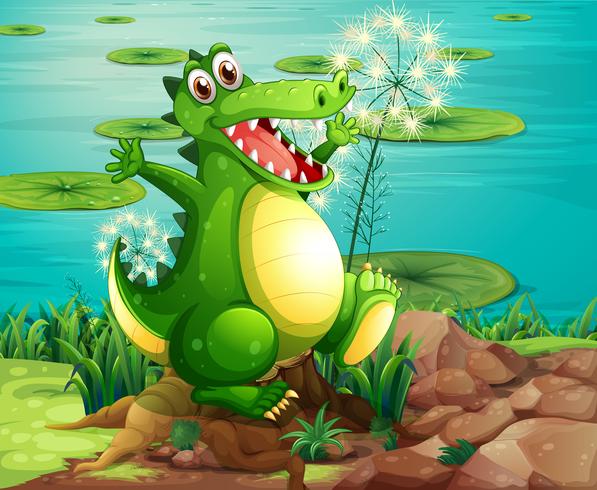 A crocodile above the stump near the pond vector