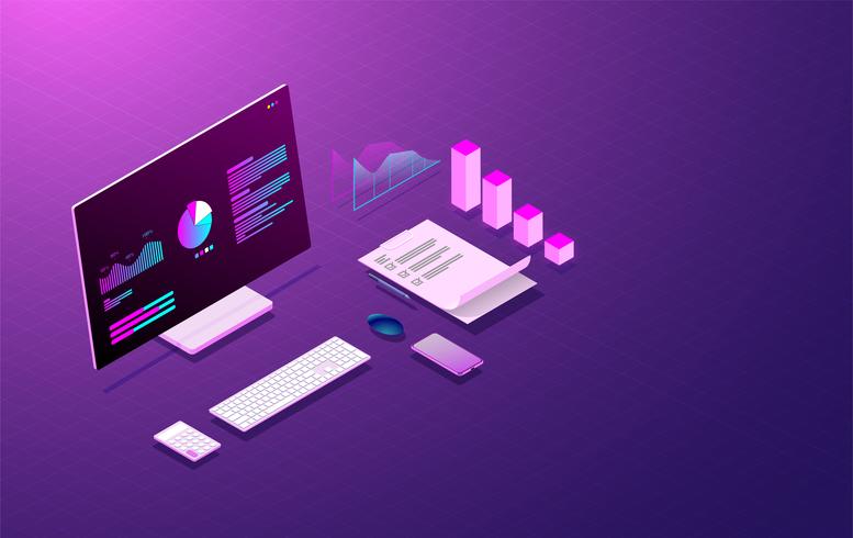 business analysis system on computer laptop and graph screen, web development and coding vector. vector