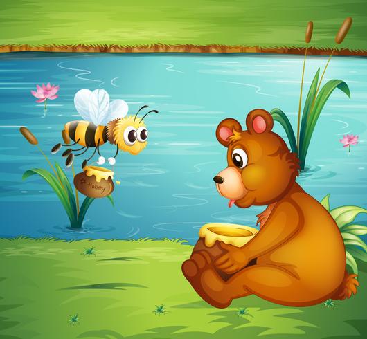 Un oso y una abeja en la orilla del río. vector