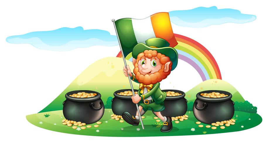 Four pots of coins at the back of a man with the Ireland flag vector