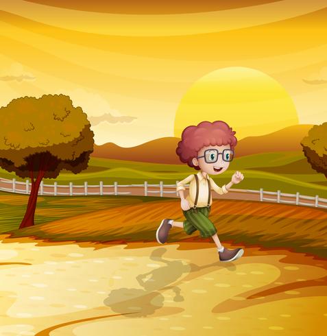 Una vista de la tarde con un joven corriendo. vector