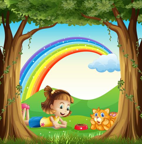 A girl and her pet at the forest with a rainbow in the sky vector