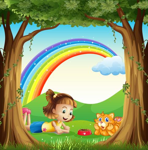 A girl and her pet at the forest with a rainbow in the sky