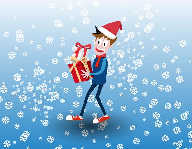 Ilustración vectorial de un niño lindo feliz con regalos de Navidad vector