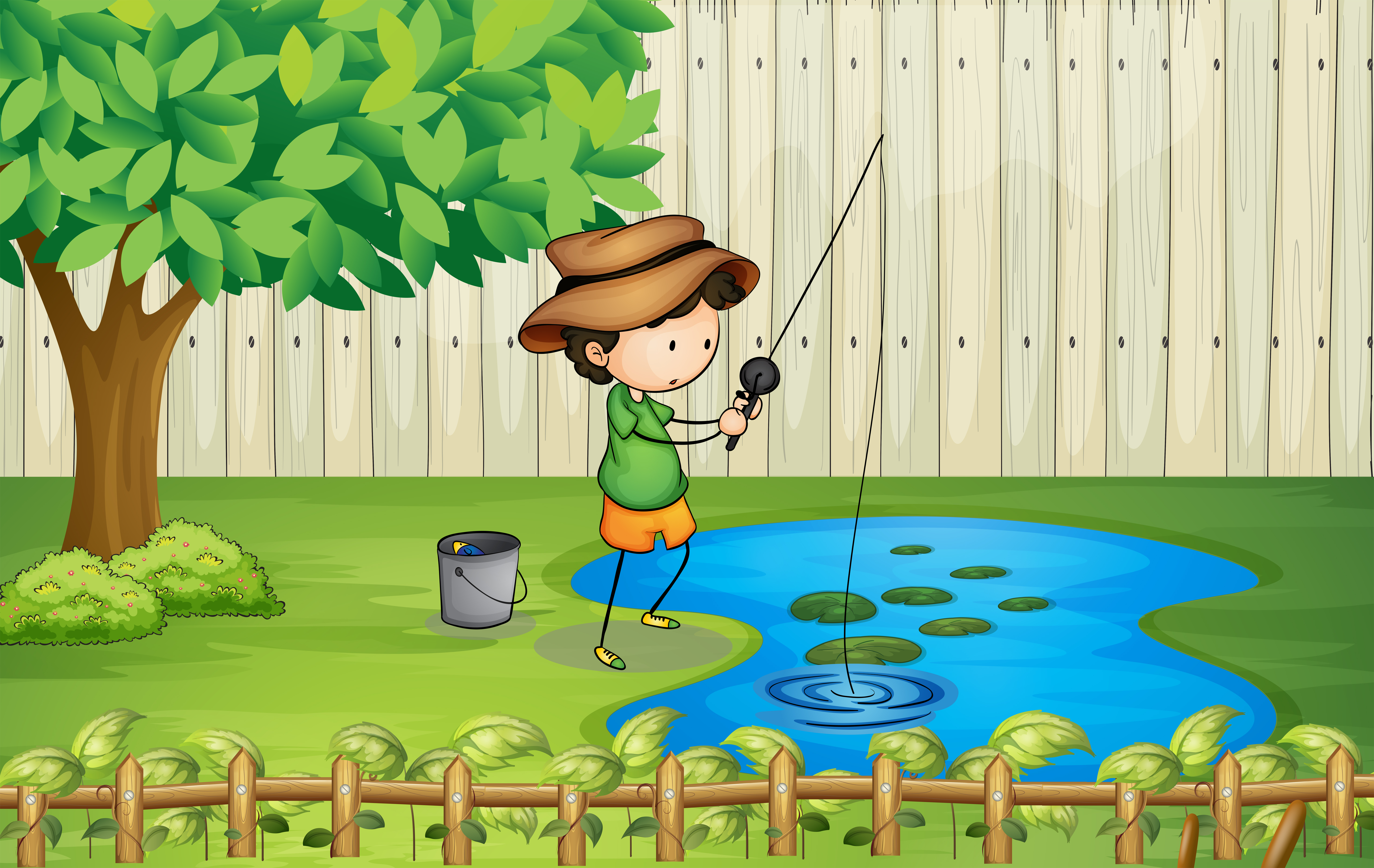 Download A boy fishing at the pond 523009 Vector Art at Vecteezy