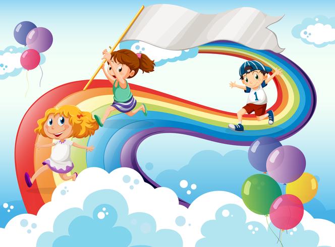 Kids playing above the rainbow with an empty banner vector