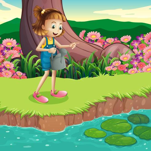 A young girl standing at the riverbank holding a sprinkler vector